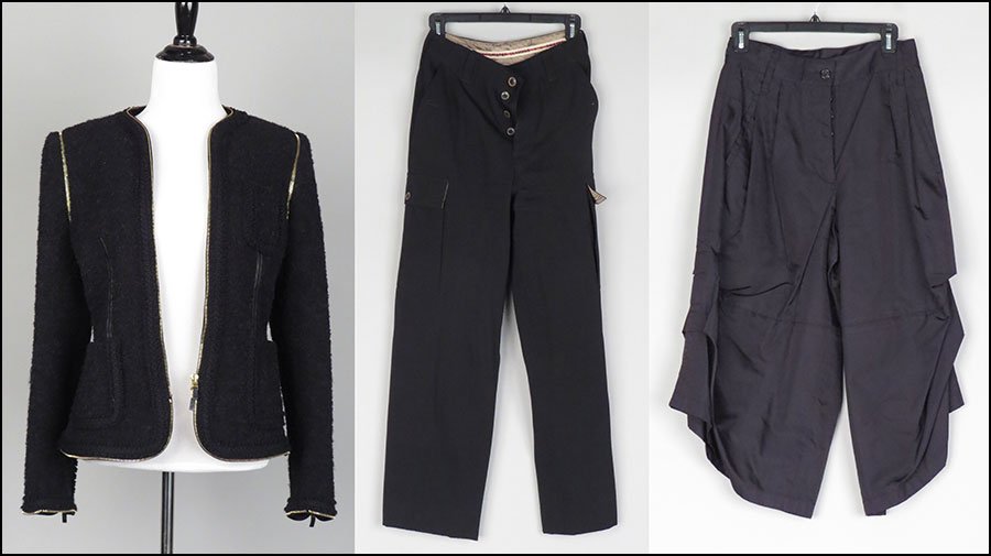 AN ALEXANDER MCQUEEN WOOL BLEND 'ZIPPER' JACKET.: AN ALEXANDER MCQUEEN WOOL BLEND 'ZIPPER' JACKET. Lined (size 42). Together with a pair of Marc Jacobs pants (size 6) and a pair of Jean Paul Gaultier 'Classique' black pants (size 6)