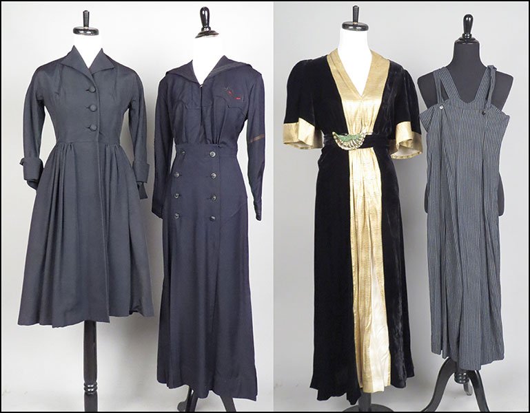 TWO VINTAGE BLACK DRESSES.: TWO VINTAGE BLACK DRESSES. Comprised of one velvet dress and one silk blend dress. Together with a silk dress jacket, with a red lining and a pair of French striped cotton blend suspender pants Sizes 