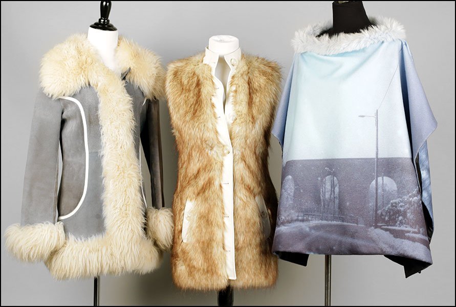 A FAUX FUR TRIM LEATHER JACKET.: A FAUX FUR TRIM LEATHER JACKET. Lined. Together with an agnes b. poncho with a faux fur collar and a Rachel Zoe faux fur vest Sizes unlabeled