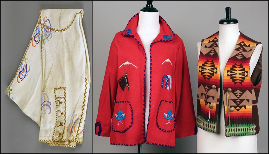 THREE SOUTHWESTERN STYLE CLOTHING ARTICLES.: THREE SOUTHWESTERN STYLE CLOTHING ARTICLES. Comprised of a vest, a red wool blend sweater with handsewn cowboy figures and motifs, and a pair of leather pants