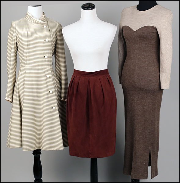 A SALVATORE FERRAGAMO FOR AMEN WARDY SUEDE SKIRT.: A SALVATORE FERRAGAMO FOR AMEN WARDY SUEDE SKIRT. Lined. Made in Italy. Together with a Crimson Pianura two-tone floor length dress, made in Italy (size 42) and a Jane Johnson for Don Sophisticates kn