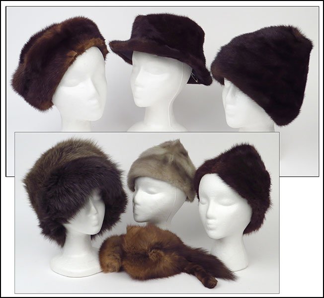 FOUR MAHOGNAY MINK HATS.: FOUR MAHOGNAY MINK HATS. Together with a blue iris mink hat, a sable boa, and another fur hat