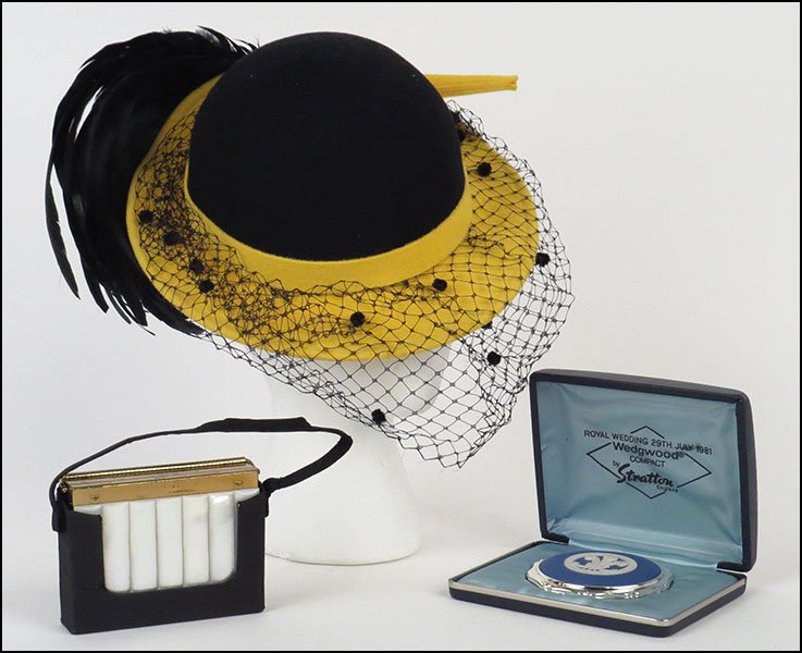 A MR. JOHN CLASSIC WOOL HAT.: A MR. JOHN CLASSIC WOOL HAT. With a feather in back. Together with a Wedgwood blue jasperware compact, from the Royal Wedding of HRH the Prince of Wales and Lady Diana Spencer, dated July 1981, in its