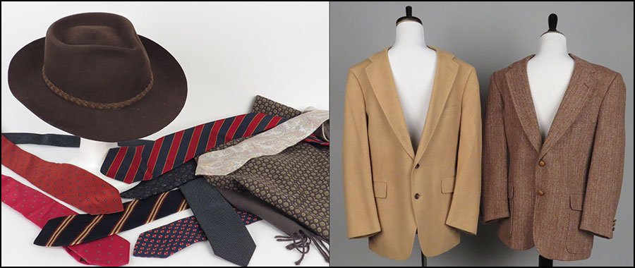 A COLLECTION OF MEN'S ACCESSORIES.: A COLLECTION OF MEN'S ACCESSORIES. Comprised of eight silk ties (from Lord & Taylor, Brooks Brothers, and others), a Stetson 'Mallory' wool hat, and a knit blend reversible scarf. Together with two bl