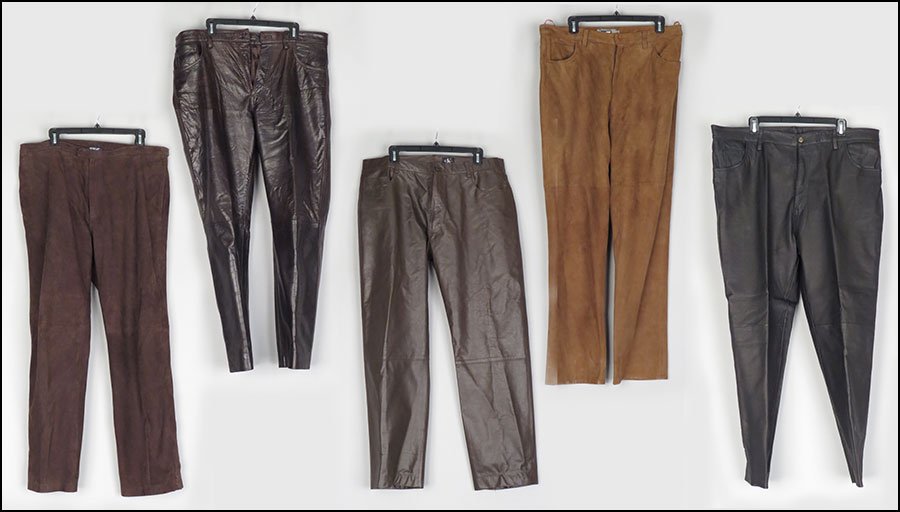 FIVE PAIRS OF MEN'S LEATHER AND SUEDE PANTS.: FIVE PAIRS OF MEN'S LEATHER AND SUEDE PANTS. Comprised of a pair of Italian brown leather pants (size 38), a pair of Polo Sport suede leather pants lined (size 38/32), a pair of Calvin Klein brown lea