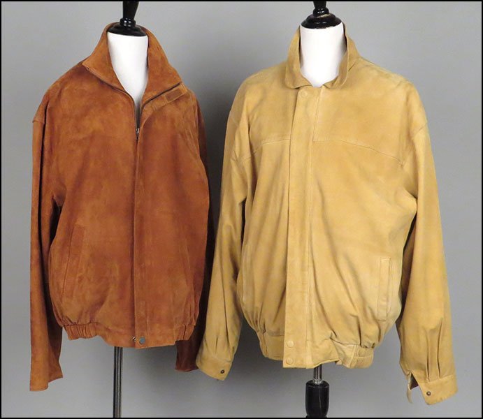 A PERRY ELLIS PORTFOLIO MEN'S BROWN SUEDE BOMBER JACKET: A PERRY ELLIS PORTFOLIO MEN'S BROWN SUEDE BOMBER JACKET. Lined. Together with a camel colored suede jacket, unlabeled Perry Ellis: Large