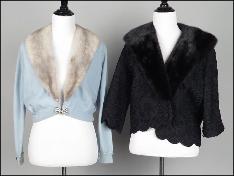 A BLACK RIBBON STITCHED JACKET.: A BLACK RIBBON STITCHED JACKET. Bearing a removeable mink collar. Together with a blue knit sweater with a blue iris mink shawl collar