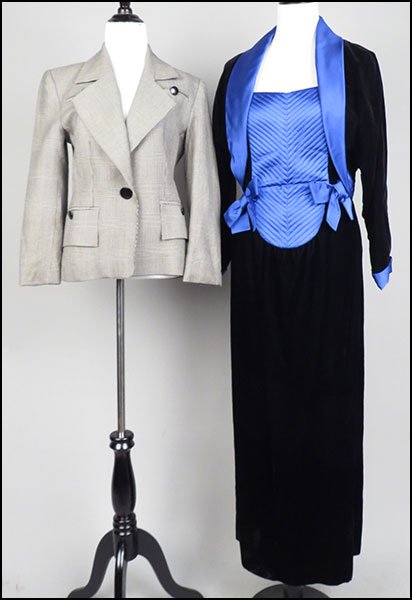 A GUY LAROCHE PARIS TWO-PIECE SILK AND VELVET EVENING E: A GUY LAROCHE PARIS TWO-PIECE SILK AND VELVET EVENING ENSEMBLE. Comprised of a dress with a black velvet body and a cut blue silk bodice top and a cropped jacket. Together with a Guy Laroche Paris hou