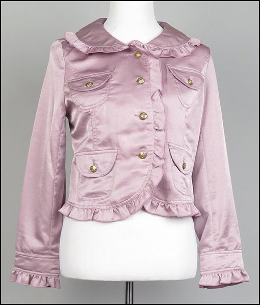 A MIU MIU BLUSH PINK CROPPED RUFFLE JACKET.: A MIU MIU BLUSH PINK CROPPED RUFFLE JACKET. Made in Italy. Button front. With four pockets Size Large