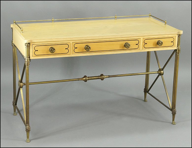 A KITTINGER BLONDE WOOD AND PATINATED METAL DESK.: A KITTINGER BLONDE WOOD AND PATINATED METAL DESK. H: 40" x W: 32" x D: 30"