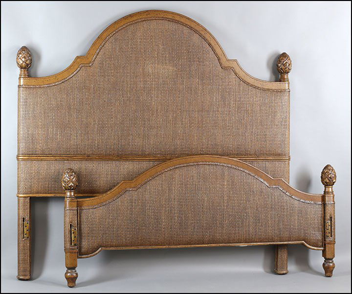 A CONTEMPORARY BED.: A CONTEMPORARY BED. Bearing a woven body with a wood structure. Comprised of a headboard and footboard. With pinecone form finials Headboard H: 64'' Length: 64''