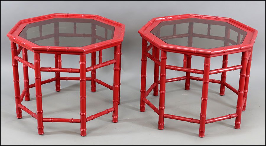 A PAIR OF PAINTED FAUX BAMBOO SIDE TABLES.: A PAIR OF PAINTED FAUX BAMBOO SIDE TABLES. Glass top, octagonal in form Each: 21" x 26"