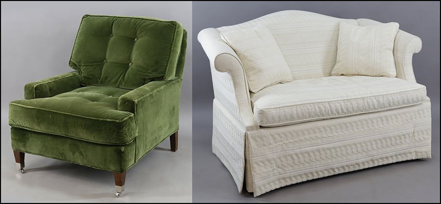 A HANCOCK & MOORE UPHOLSTERED SETTEE.: A HANCOCK & MOORE UPHOLSTERED SETTEE. Together with a velvet upholstered armchair (33" x 33" x 36") 34" x 51" x 29"