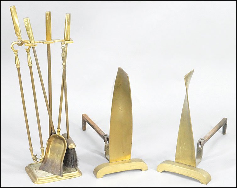 A CONTEMPORARY BRASS FIREPLACE SET.: A CONTEMPORARY BRASS FIREPLACE SET. Comprised of fireplace tools in a stand (H: 24'') and a pair of andirons (H: 20'')