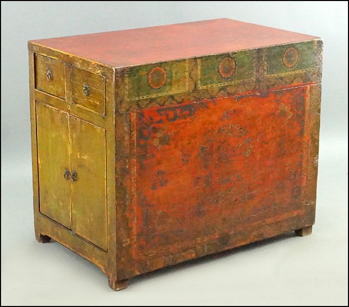 A TWO-SIDED TIBETAN PINE KITCHEN BUFFET.: A TWO-SIDED TIBETAN PINE KITCHEN BUFFET. Two sides each bear two drawers and a two-door cupboard 33" x 25" x 40"