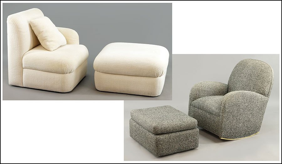 AN UPHOLSTERED ROCKING CHAIR WITH OTTOMAN.: AN UPHOLSTERED ROCKING CHAIR WITH OTTOMAN. Together with an upholstered chair (33" x 22" x 29") with matching ottoman Rocking chair: 33" x 28" x 28"