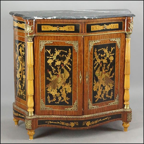 A LOUIS XV STYLE ORMOLU MOUNTED CABINET.: A LOUIS XV STYLE ORMOLU MOUNTED CABINET. A marble top two-door cabinet with two drawers H: 43" W: 45" D: 21"