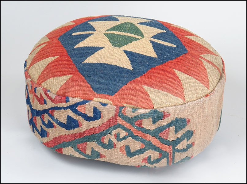 KILIM UPHOLSTERED FOOTSTOOL.: KILIM UPHOLSTERED FOOTSTOOL. H: 10" x W: 19" x D: 14"
