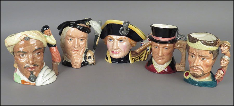 FIVE ROYAL DOULTON TOBY JUGS.: FIVE ROYAL DOULTON TOBY JUGS. Comprising Othello (D6673), Macbeth (D6667), Hamlet (D6672), George Stephenson (D7093), and Lord Horatio Nelson (D7236) Tallest: 7.5"