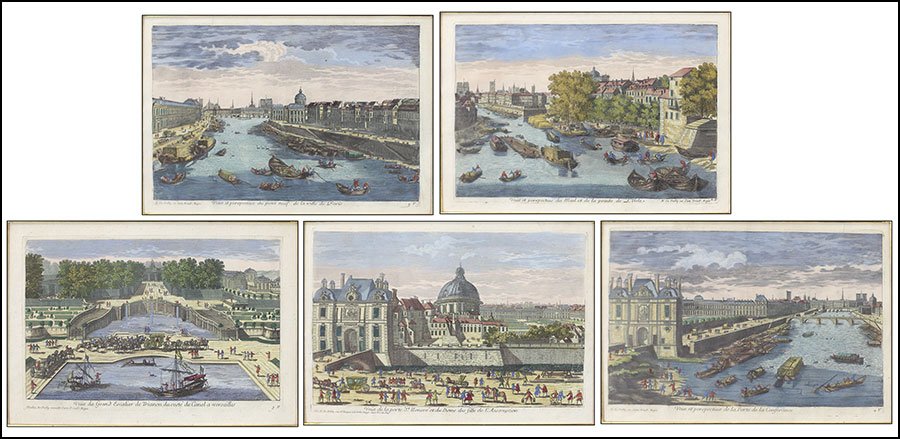 A GROUP OF FIVE FRENCH COLORED PLATE ETCHINGS.: A GROUP OF FIVE FRENCH COLORED PLATE ETCHINGS. Depicting harbor, battle, and village scenes. With the text 'Chez N. De Poilly, rue St. Jacques a la belle Image. Avec Pri. Du Roy'' or some variation th