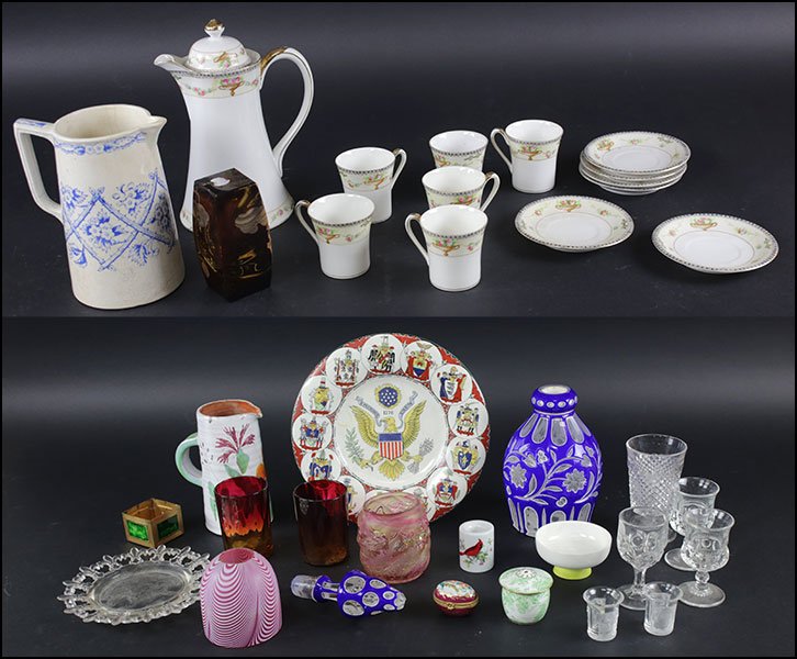 NIPPON HANDPAINTED PORCELAIN DEMITASSE SET FOR SIX.: NIPPON HANDPAINTED PORCELAIN DEMITASSE SET FOR SIX. Comprised of six cups, saucers, and a pot. Together with a collection of glass and porcelain decorative items including a cobalt cut-to-clear glass 