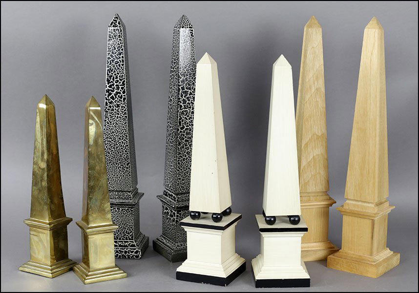 FOUR PAIRS OF OBELISKS.: FOUR PAIRS OF OBELISKS. Comprising brass, wood, and painted ceramic Tallest pair: 20"