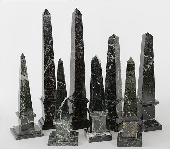 FOUR PAIRS OF STONE OBELISKS.: FOUR PAIRS OF STONE OBELISKS. Tallest pair: 19"