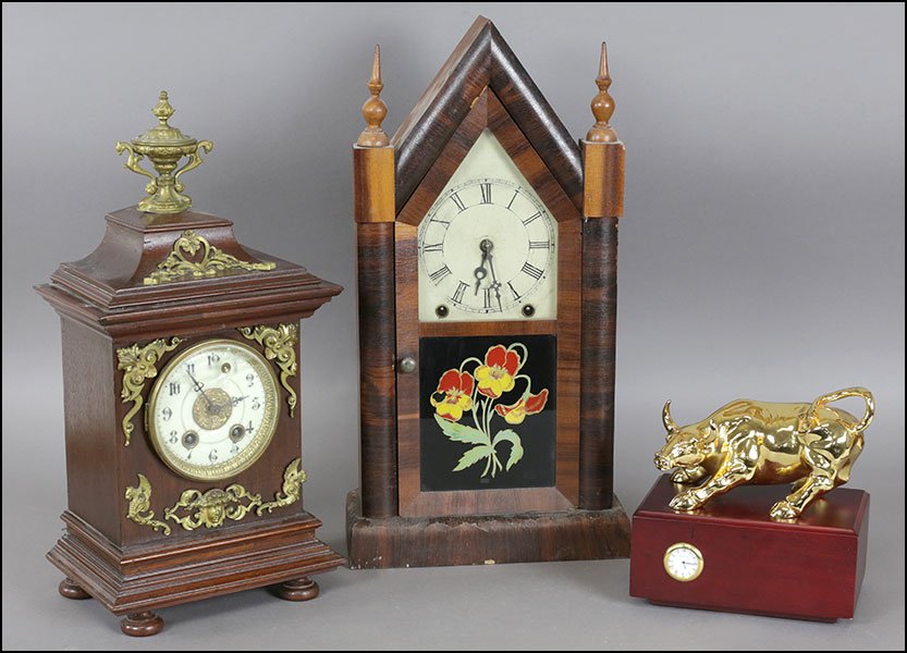 A GERMAN LENZKIRCH MANTLE CLOCK.: A GERMAN LENZKIRCH MANTLE CLOCK. Together with a New Haven Clock Co. 8-day clock and a patinated metal and wood clock depicting a bull. Susanin's will not comment on the working condition of any watch