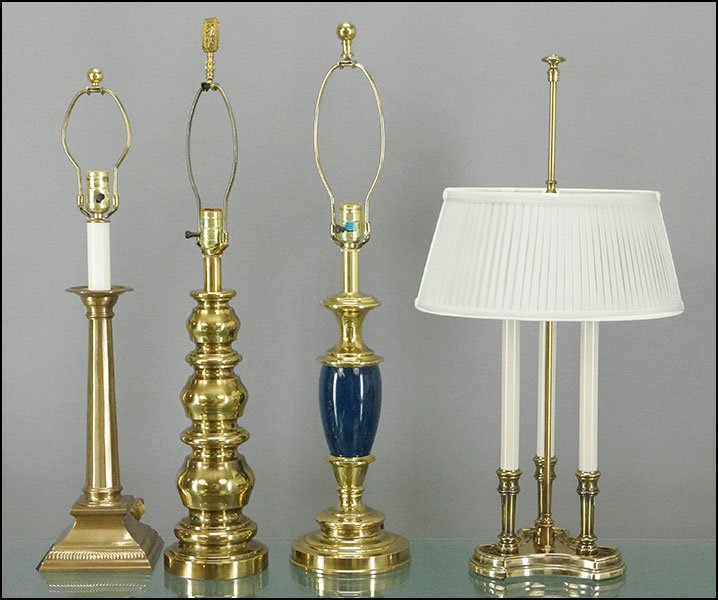 TWO STIFFEL TABLE LAMPS.: TWO STIFFEL TABLE LAMPS. One bearing three-lights, one of abstracted column form. Together with a Frederick Cooper brass table lamp and an unsigned patinated metal table lamp Tallest H: 19.5''