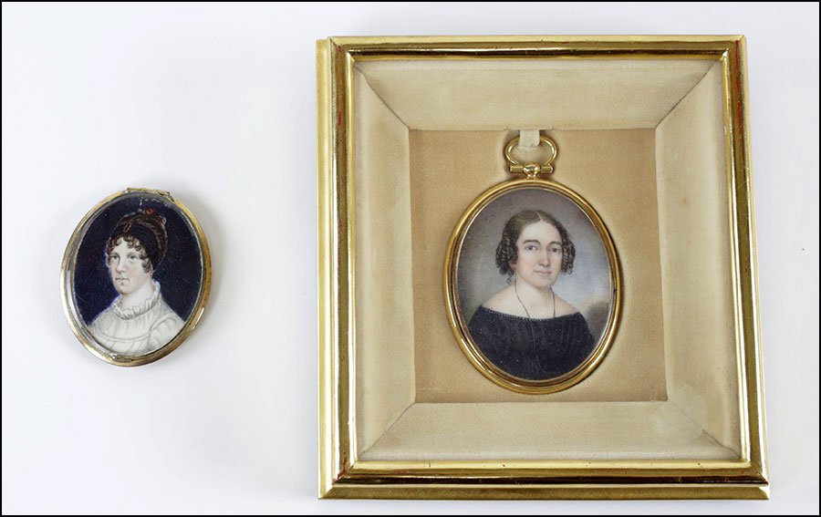 TWO 19TH CENTURY MINIATURE PAINTED PORTRAITS.: TWO 19TH CENTURY MINIATURE PAINTED PORTRAITS. Both mounted in lockets. Smaller portrait bearing locks of hair en verso Larger: 2.75" x 2.25"