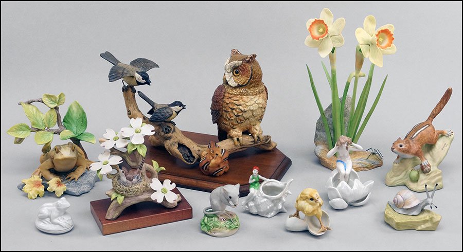 A GROUP OF FOUR CYBIS BISQUE PORCELAIN FIGURES.: A GROUP OF FOUR CYBIS BISQUE PORCELAIN FIGURES. Comprising a frog, a bird in a nest, a field mouse, and a snail. Together with a Burgues porcelain chipmunk, a Burgues porcelain figure of daffodils, a