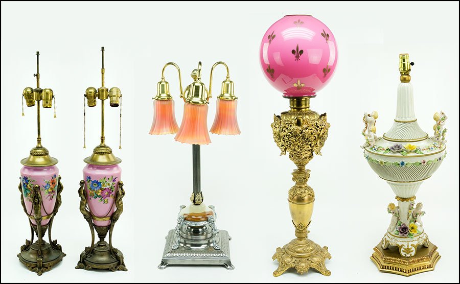 A PAIR OF BRISTOL STYLE ENAMELED GLASS TABLE LAMPS.: A PAIR OF BRISTOL STYLE ENAMELED GLASS TABLE LAMPS. Together with a three-light metal and onyx table lamp, a patinated gilt metal lamp with a gilt pink glass shade, and a Capodimonte style table lamp