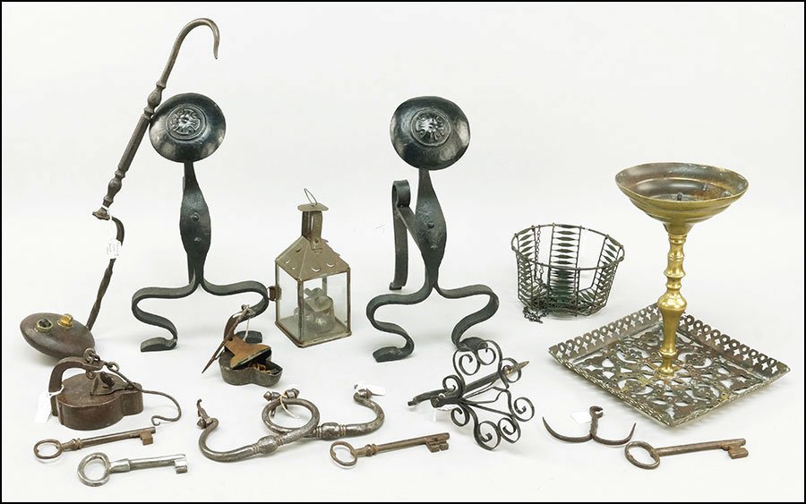 THREE HANGING IRON GREASE LAMPS.: THREE HANGING IRON GREASE LAMPS. Together with a pair of iron andirons, a brass fireplace trivet, a tin gypsy lamp, three keys, and a hanging basket Tallest lamp: 19"