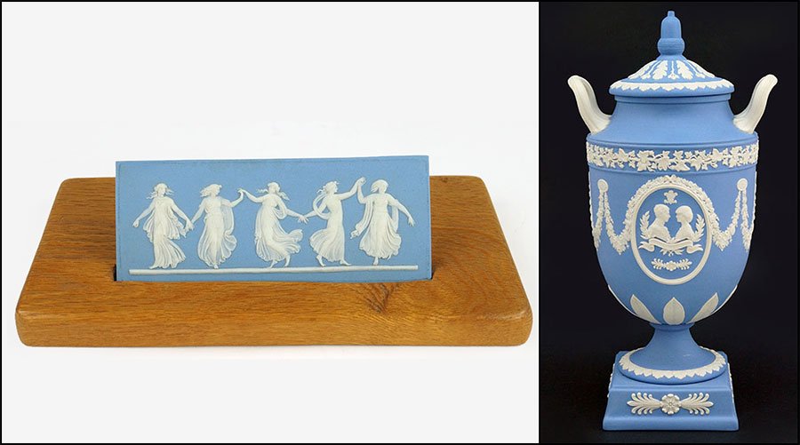 WEDGWOOD JASPERWARE PLAQUE.: WEDGWOOD JASPERWARE PLAQUE. In a light blue/violet color, unique to the Wedgwood color profiles. Depicting five maidens holding hands, dancing. Stamped on backside, 'Wedgwood.' With a small 'X' stamp.