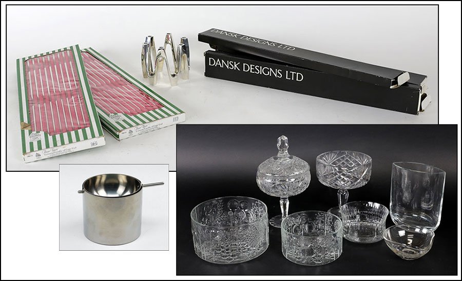 AN ARNE JACOBSEN DESIGN STELTON STAINLESS STEEL: AN ARNE JACOBSEN DESIGN STELTON STAINLESS STEEL ASHTRAY. From the Cylinda-Line. No. 09/1. From Denmark. Together with a covered compote, a compote, two bowls bearing a fruit motif, a eye form vase, an