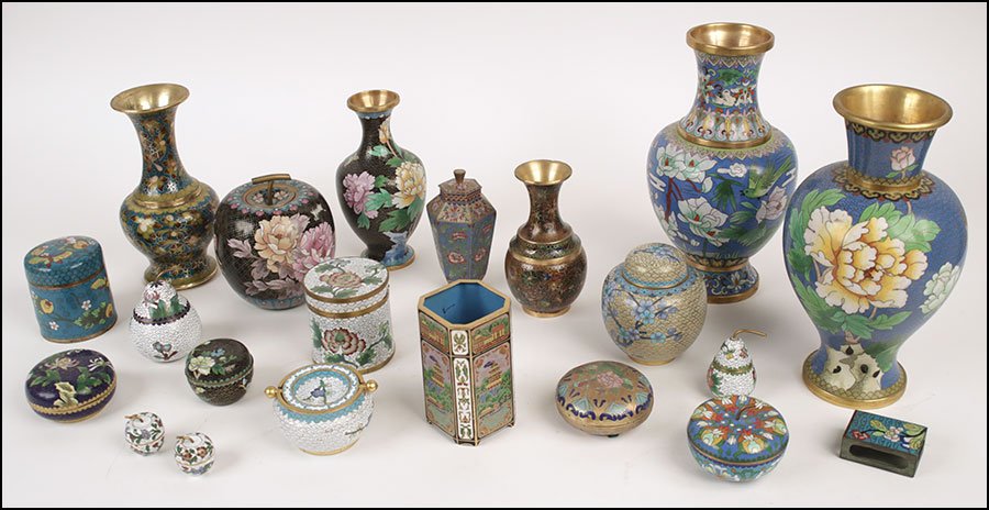 A GROUP OF CLOISONNE VASES AND COVERED BOXES.: A GROUP OF CLOISONNE VASES AND COVERED BOXES. Comprised of over twelve articles total. Some are fruit forms. Together with a closionne ginger jar and an ashtray