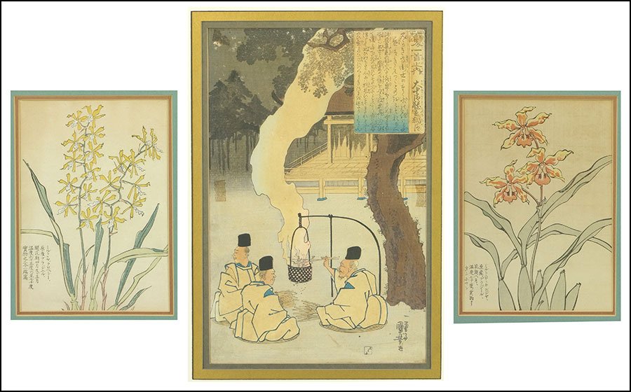 UTAGAWA KUNIYOSHI (JAPANESE, 1797-1861) NUMBER 49 FROM: UTAGAWA KUNIYOSHI (JAPANESE, 1797-1861) NUMBER 49 FROM THE SERIES 'ONE HUNDRED POEMS'. Woodblock print. Together with two other woodblock prints depicting flowers Sight: 14" x 9" Frame: 22.5" x 17"