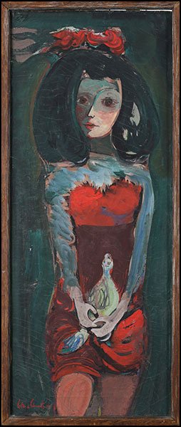 LESTER O. SCHWARTZ (AMERICAN, 1912-2005) PORTRAIT OF A: LESTER O. SCHWARTZ (AMERICAN, 1912-2005) PORTRAIT OF A WOMAN WITH BIRD. Oil on canvas. Signed and dated "Lester O Schwartz, 40" LL Canvas: 30" x 12"