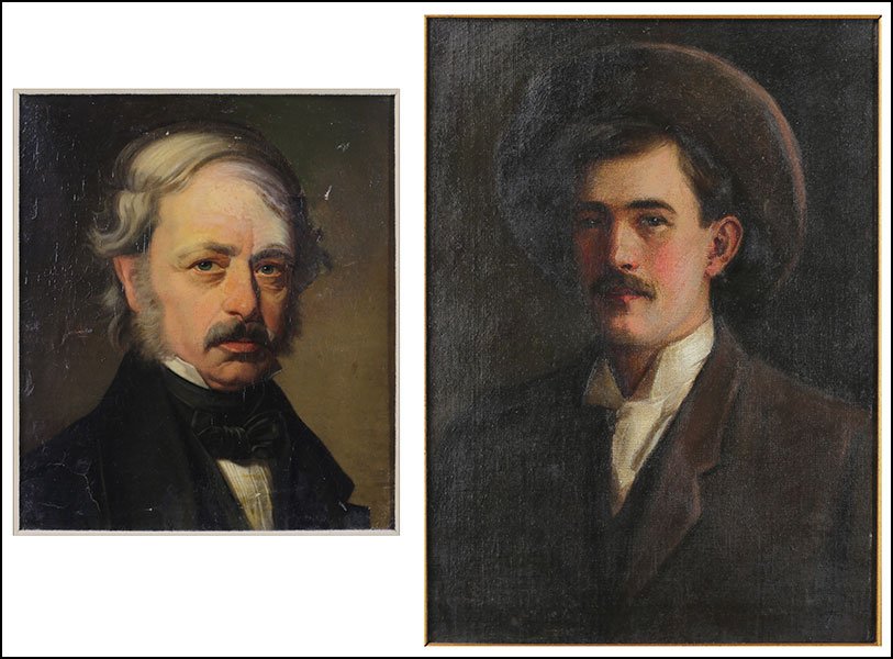 ARTISTS UNKNOWN (CONTINENTAL SCHOOL) TWO PORTRAITS.: ARTISTS UNKNOWN (CONTINENTAL SCHOOL) TWO PORTRAITS. Both oils on canvas. One of a Victorian era man with a mustache, one of a settler with a mustache and hat. Both unsigned Larger frame: 26.5'' x 20.2