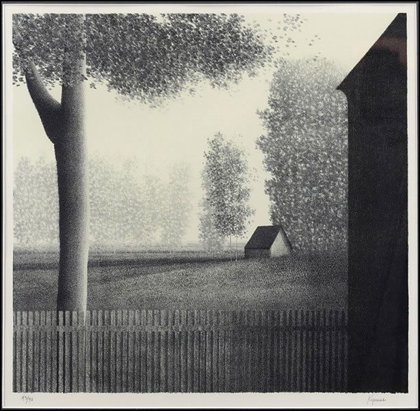 ROBERT KIPNISS (AMERICAN, B. 1931) PICKET FENCE.: ROBERT KIPNISS (AMERICAN, B. 1931) PICKET FENCE. Lithograph, pencil numbered 43/90 LL and pencil signed LR Sight: 17" x 18" Frame: 23" x 24"