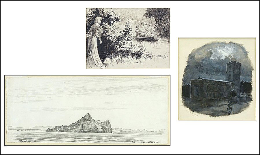 SIR DAVID MUIRHEAD BONE (BRITISH, 1876-1953) CHRISTMAS,: SIR DAVID MUIRHEAD BONE (BRITISH, 1876-1953) CHRISTMAS, 1943. Graphite on paper. Signed LR. Unframed, mounted in mat board. Together with Gordon Frederick Browne gouache painting "St. Anne's Churche,