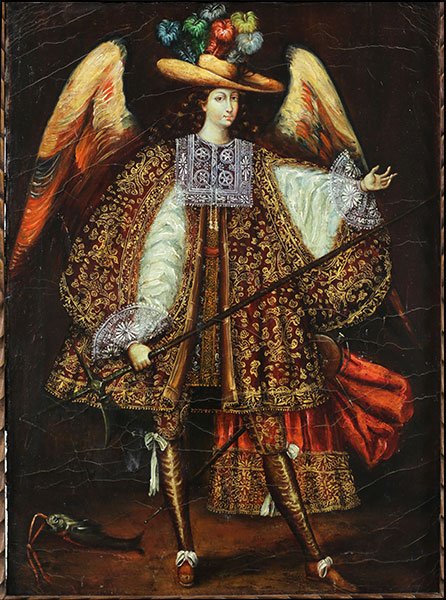 CONTINENTAL SCHOOL (19TH CENTURY) ARCHANGEL RAPHAEL.: CONTINENTAL SCHOOL (19TH CENTURY) ARCHANGEL RAPHAEL. Oil on canvas, with an ornately carved wood frame Sight: 19.5" x 14" Frame: 28.5" x 23"