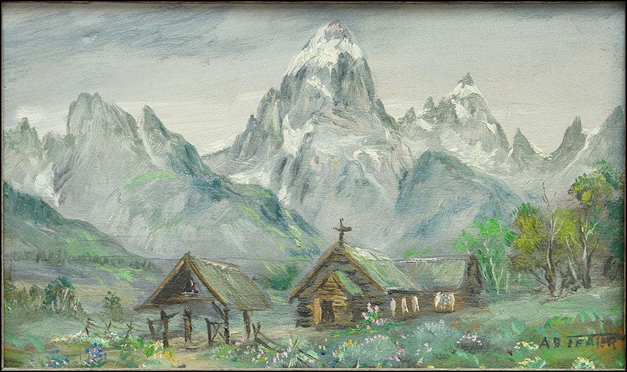 ARCHIE BOYD TEATER (1901-1978) MOUNTAIN SCENE.: ARCHIE BOYD TEATER (1901-1978) MOUNTAIN SCENE. Oil on board. Signed "A.B. Teater" LR Board: 5" x 8.5"