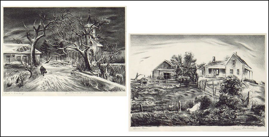 AARON BOHROD (AMERICAN 1907-1992) TWO LITHOGRAPHS.: AARON BOHROD (AMERICAN 1907-1992) TWO LITHOGRAPHS. Comprised of "Church in Luxembourg" and "Lawn Farm". Both pencil signed LR Larger frame: 13" x 17"