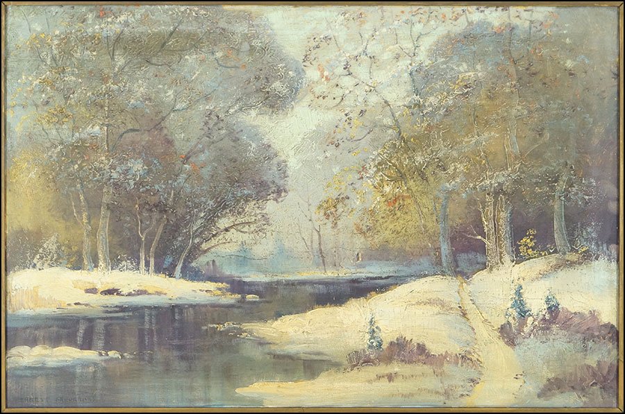 ERNEST T. FREDERICKS (AMERICAN, 1877 - 1959) SNOW: ERNEST T. FREDERICKS (AMERICAN, 1877 - 1959) SNOW CREEK. Oil on canvas. Signed LL. Frame: 30" x 42". Provenance: Kellar and Kellar Antiques, Oak Park Canvas: 24" x 36"