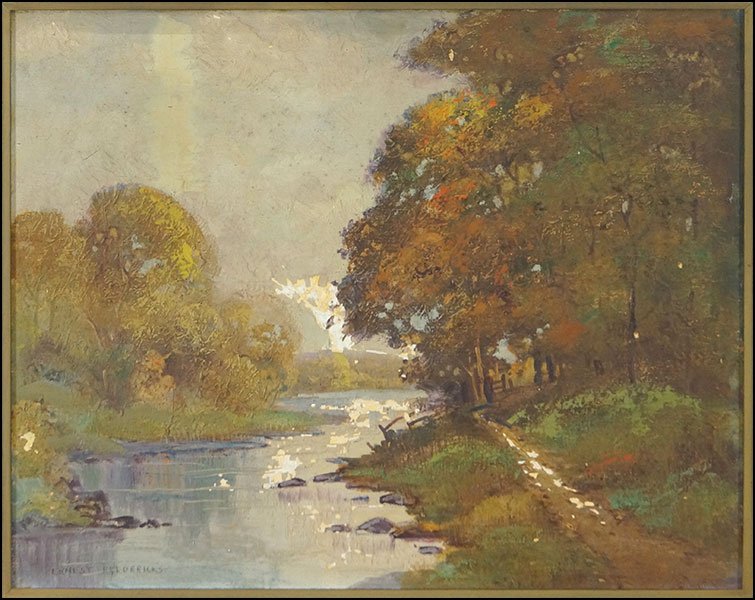 ERNEST T. FREDERICKS (AMERICAN, 1877 - 1959) FALL: ERNEST T. FREDERICKS (AMERICAN, 1877 - 1959) FALL RIVER. Oil on canvas. Signed LL. Frame: 30" x 36". Provenance: Kellar and Kellar Antiques, Oak Park Canvas: 24" x 30"