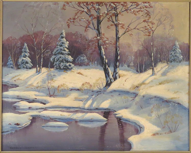 ERNEST T. FREDERICKS (AMERICAN, 1877 - 1959) WINTER AT: ERNEST T. FREDERICKS (AMERICAN, 1877 - 1959) WINTER AT CAMP BEMIS. Oil on canvas. Signed LL. Provenance: Kellar and Kellar Antiques, Oak Park. Frame: 30" x 36" Canvas: 24" x 30"