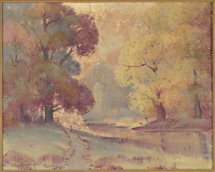 ERNEST T. FREDERICKS (AMERICAN, 1877 - 1959) GOLDEN: ERNEST T. FREDERICKS (AMERICAN, 1877 - 1959) GOLDEN AUTUMN. Oil on canvas. Signed LL. Provenance: Kellar and Kellar Antiques, Oak Park. Frame: 30" x 36" Canvas: 24" x 30"