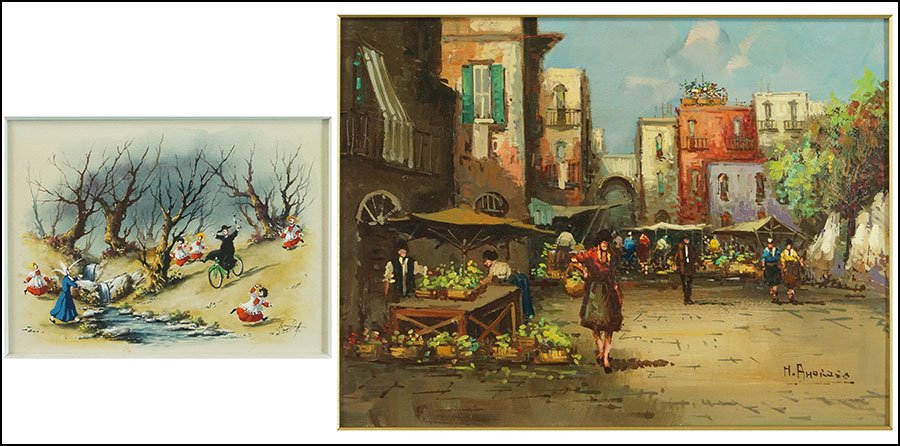 ARTIST UNKNOWN (20TH CENTURY) MARKET SCENE.: ARTIST UNKNOWN (20TH CENTURY) MARKET SCENE. Oil on board, signed illegibly LR. Together with a gouache on paper depicting clergy near a stream, illegibly signed LR (Sight: 7" x 9") Sight: 11.5" x 15.5