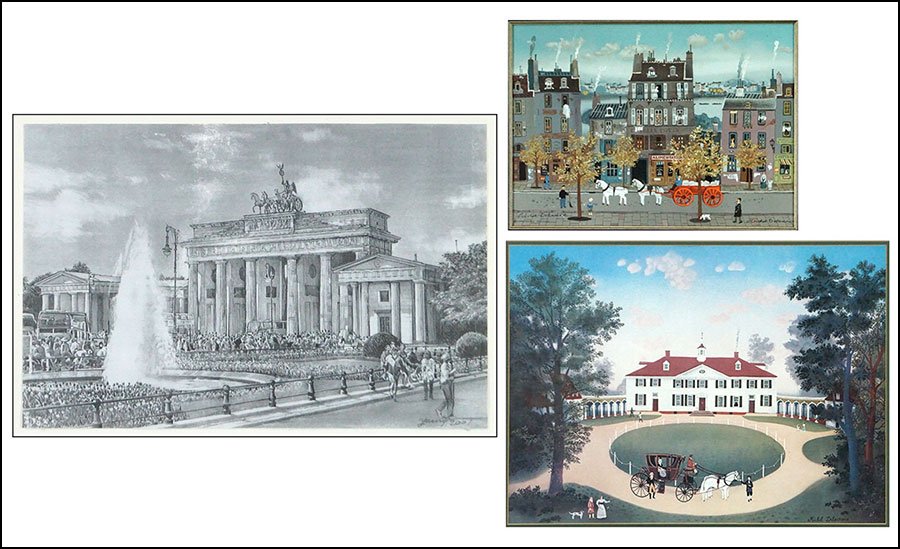 MICHEL DELACROIX (FRENCH, B. 1933) HORSES IN TOWN.: MICHEL DELACROIX (FRENCH, B. 1933) HORSES IN TOWN. Colored lithograph. Signed LL and LR. Together with a Michel Delacroix poster depicting Mount Vernon. Together with an artist unknown pencil drawing,
